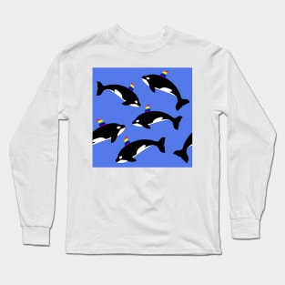Gay pride rainbow orca killer whale. Seamless pattern on blue water background. Long Sleeve T-Shirt